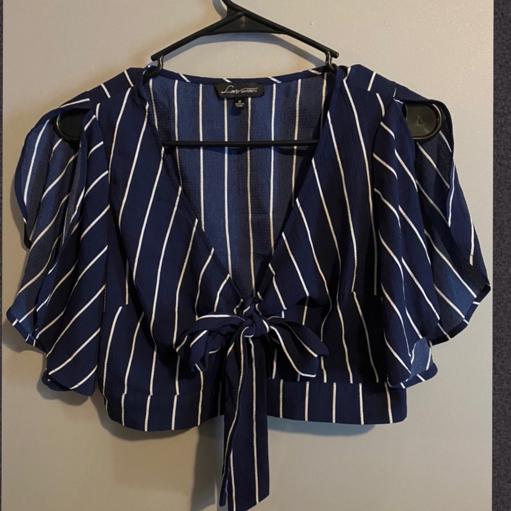 Blue and white crop top with tie front detail